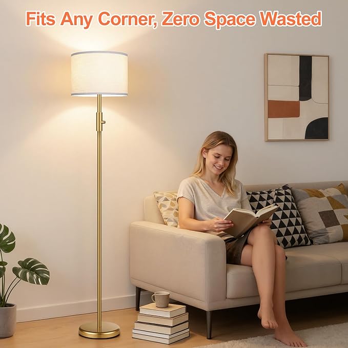 【Upgraded】 Dimmable Gold Floor Lamps for Living Room, 11W LED Bulb Included, Modern Standing Lamp with White Lamp Shade, Tall Pole Light for Bedroom Reading Office Corner Nursery