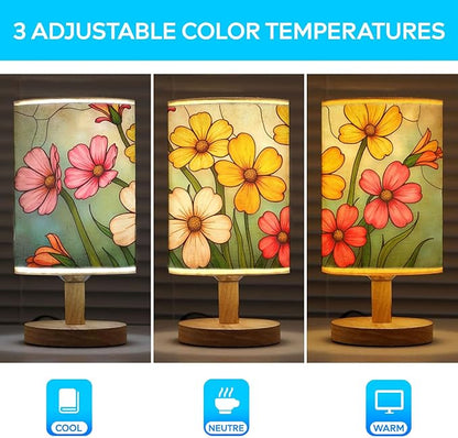 Primrose Flowers Table Lamp LED 3-Color Pressed Bedside, Primrose Flowers Shade Lamp with Wood Base for Bedroom Living Room Desk Office