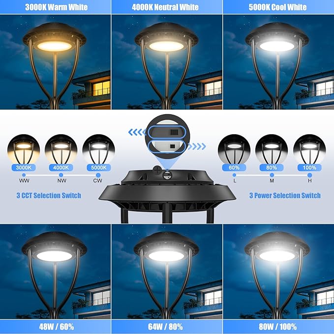 80W LED Post Top Light with Photocell, 80W 60W 48W Adjustable, 8400LM Adjustable CCT 3000/4000/5000K Outdoor Pole Lights, IP65 Waterproof Commercial LED Post Light Fixture Area Light ETL DLC Listed