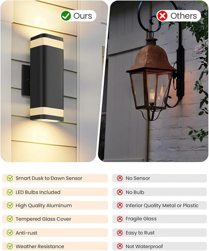 SHIMR Dusk to Dawn Outdoor Wall Light with Sensor, Waterproof Up and Down Exterior Wall Sconce, Modern Black Aluminum Outdoor Light Fixture for Porch Patio Garage, LED Bulbs Included