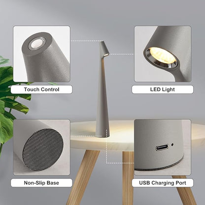 Cordless Small Table Lamps Set of 2,3 Levels Brightness Portable Desk Lamp,Rechargeable Battery Lights for Outdoor, Restaurant, Bedside, Baby Night Light(Grey)