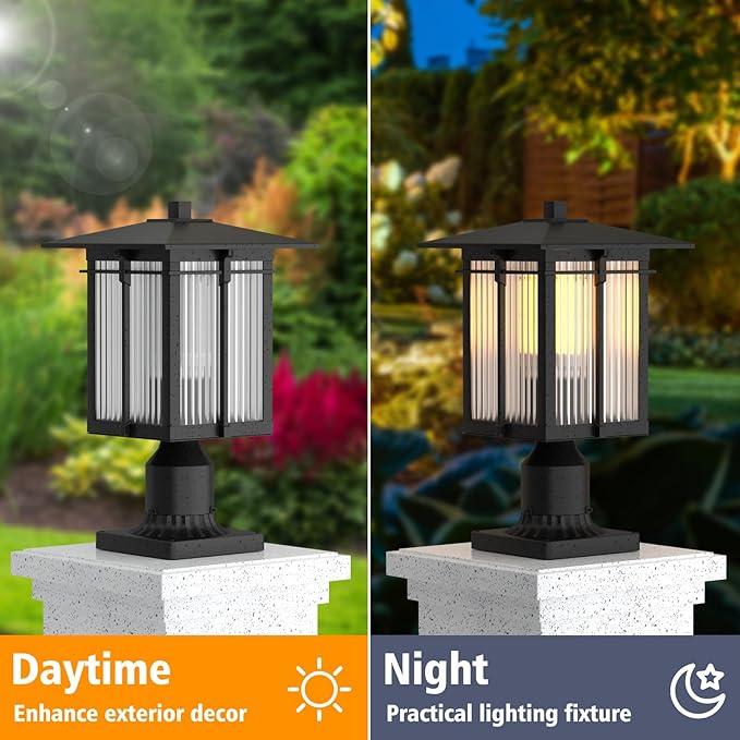 Modern Outdoor Post Light, Aluminum Lamp Post Light Fixture with Ribbed Glass, Soptted Black Outside Pole Lighting with 3-Inch Pier Mount Base for Yard Porch Pathway (15.8''H, 1 pc)