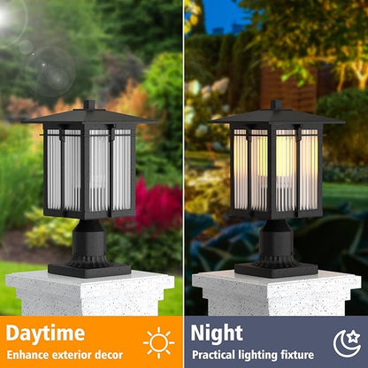 Modern Outdoor Post Light, Aluminum Lamp Post Light Fixture with Ribbed Glass, Soptted Black Outside Pole Lighting with 3-Inch Pier Mount Base for Yard Porch Pathway (14.2''H, 1 pc)