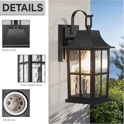 Outdoor Wall Light fixtures, Black Outdoor sconces Set of 2，Aluminum -Waterproof Exterior Sconces with Water Pattern Glass，13 inch Farmhouse Sconces Lantern for Front Door, Garage
