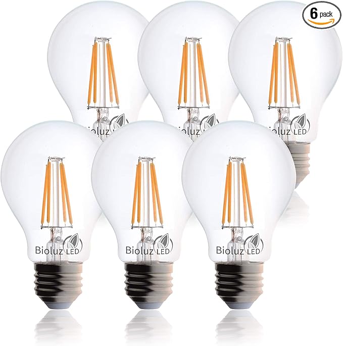 Bioluz LED 40 Watt A19 Light Bulbs Uses 5W Dimmable Filament Style Edison Light Bulbs, 2700K Warm FCC UL RoHS Title 20 90 CRI 6-Pack