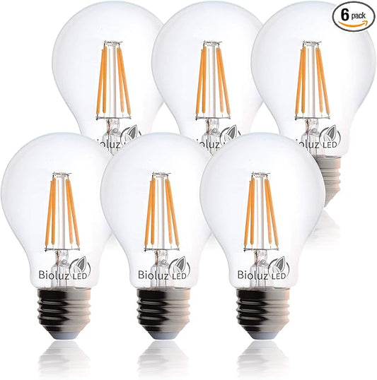 Bioluz LED 40 Watt A19 Light Bulbs Uses 5W Dimmable Filament Style Edison Light Bulbs, 2700K Warm FCC UL RoHS Title 20 90 CRI 6-Pack