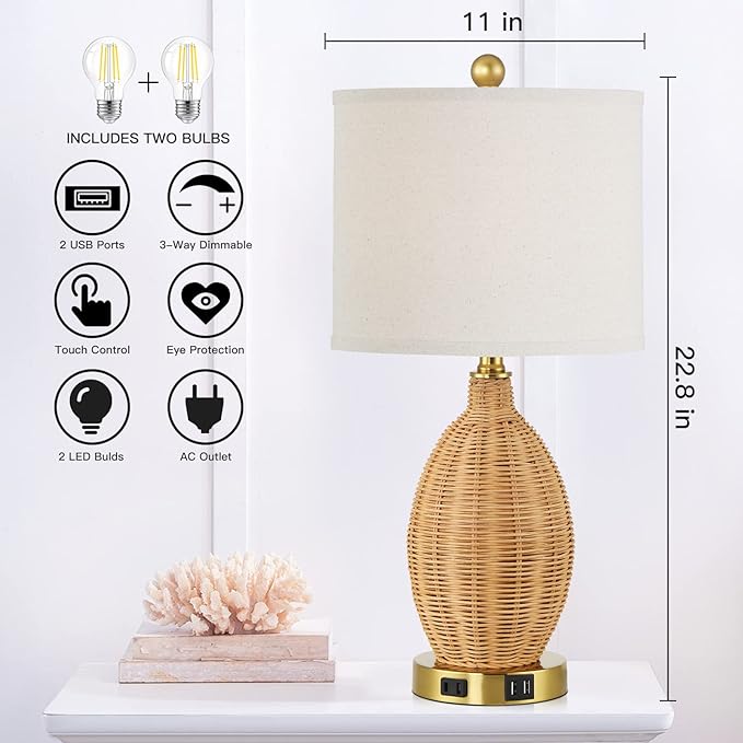 Touch Control Rattan Table Lamps, 3 Way Dimmable Bedside Lamps for Bedroom Set of 2 with 2 USB Ports and AC Outlet, Wicker Nightstand Lamps for Living Room (LED Bulbs Included), Gold