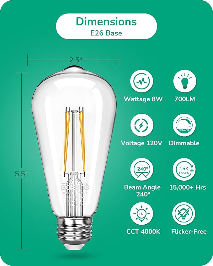 EDISHINE 6 Pack Vintage LED Edison Bulbs 8W Equivalent 60W, ST64 Dimmable Led Light Bulbs, 700LM 4000K Cool White Light E26 Base, Decorative Antique LED Filament Bulbs for Home and Commercial