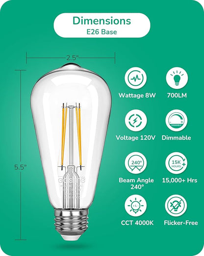 EDISHINE 6 Pack Vintage LED Edison Bulbs 8W Equivalent 60W, ST64 Dimmable Led Light Bulbs, 700LM 4000K Cool White Light E26 Base, Decorative Antique LED Filament Bulbs for Home and Commercial