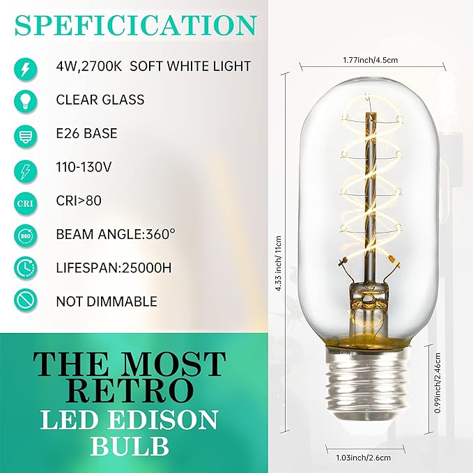 AMDTU Non-dimmable Edison Bulbs 40 Watt 2700K Soft White, Super Thin Spiral Filament Vintage LED Light Bulbs 2 Pack, T45 Incandescent Tubular Bulb 40W Equivalent, Clear Glass 4W 120V E26 Base