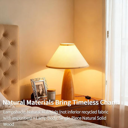 Bedside Table Lamp for Bedroom, Mid-Century Modern Plug in Fabric Shade & Solid Wood Base Desk Lamp, Plug & Play Yellow Wood Nightstand Lamp for Living Room, Office 【Bulb Included】