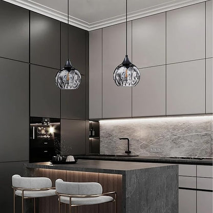 3 Pack 1 Light Hanging Indoor Kitchen Island Pendant Light 6.3" Grey Hammer Glass Pendant Ceiling Light Fixtures Black Finish Modern Farmhouse Dinning Over Sink(Adjustable Height Cord)