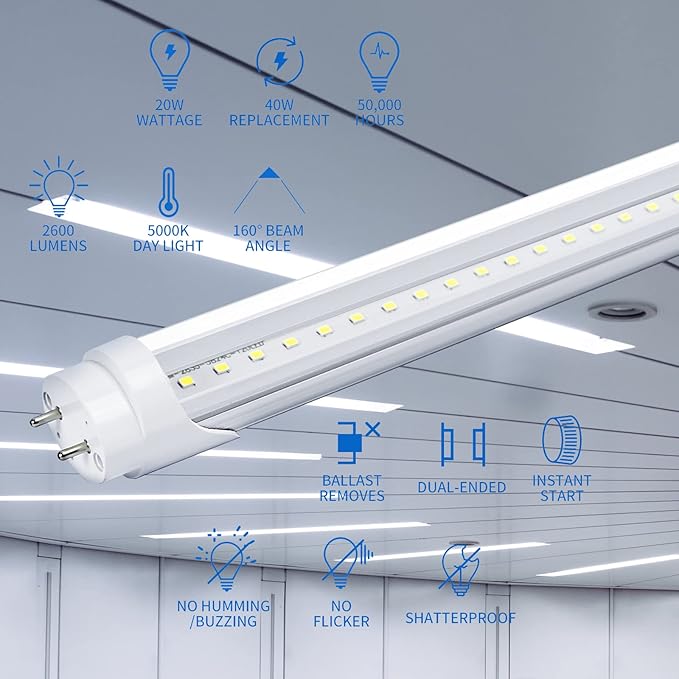 25-Pack T8 LED Bulbs 4 Foot Tube Light, 4ft LED Shop Garage Warehouse Light, 20W 5000K 2600LM Daylight White, Fluorescent Lights Tube Replacement, Ballast Bypass, Dual-end Powered, Clear Cover
