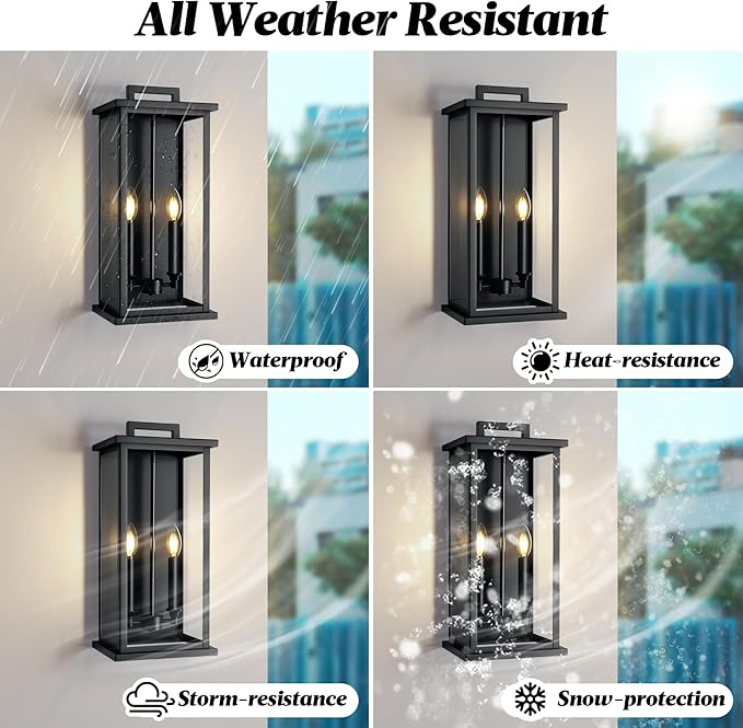 Extra Large Outdoor Wall Lights Modern Outdoor Garage Lighting Fixture,Exterior Porch Front Door Light,Waterproof Outside House Lights Wall Mount with 2 * E12 Sockets & Thick Glass Shades