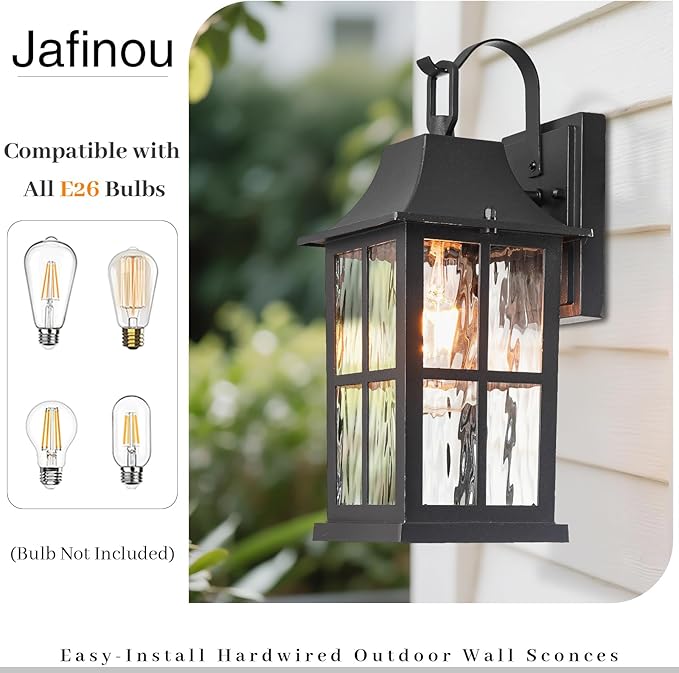 Outdoor Light Fixture, IP44 Waterproof Rustproof Porch Light，Aluminum & Water Pattern Glass Exterior Sconce，13-inch Black Outdoor Sconce Lights for Front Door, Garage, Patio (ETL-Certified)
