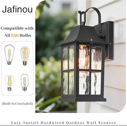 Outdoor Wall Light fixtures, Black Outdoor sconces Set of 2，Aluminum -Waterproof Exterior Sconces with Water Pattern Glass，13 inch Farmhouse Sconces Lantern for Front Door, Garage