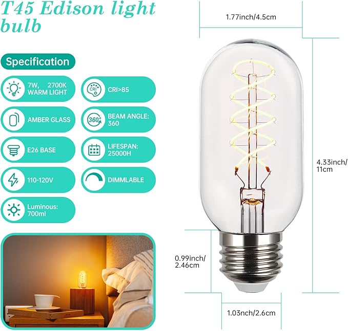 AMDTU Edison Bulbs 60W Equivalent Dimmable, Spiral Ultra-Thin Filament E26 LED Bulbs 7W, 700 Lumen, Warm Yellow 2200K, T45 Amber Glass Tubular Light Bulbs for Lamps, 4 Pack