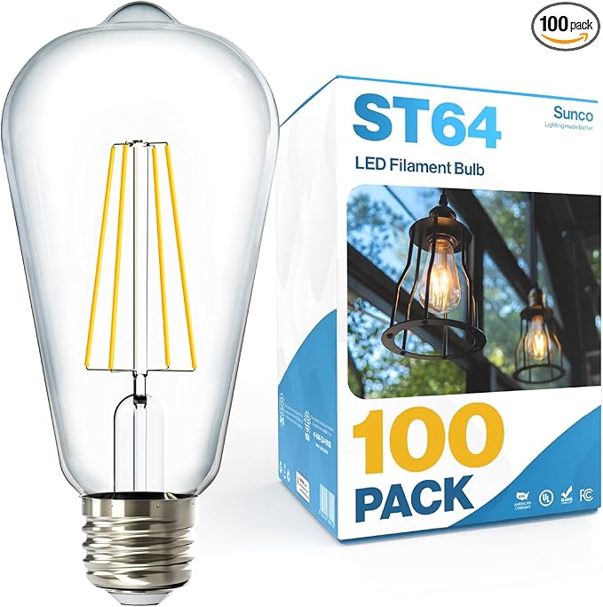 Sunco 100 Pack Edison Bulbs LED ST64, Clear Vintage Filament Waterproof Bulb, 800 LM, 8W (60W Equivalent), ST19, 2700K Soft White, E26 Medium Base, Decorative Dimmable UL