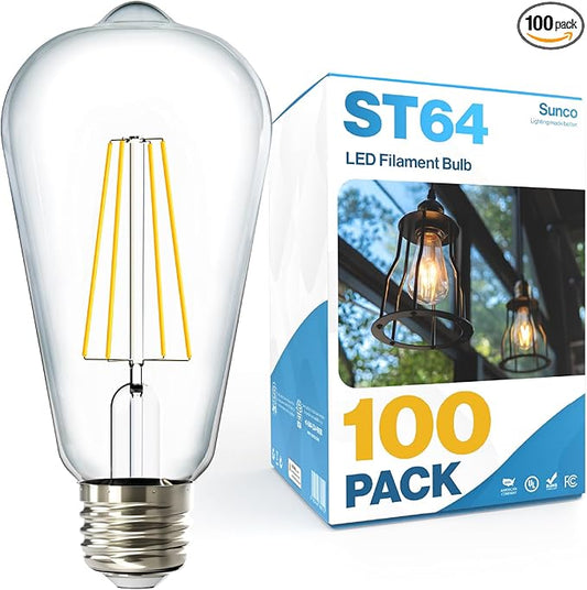 Sunco 100 Pack Edison Bulbs LED ST64, Clear Vintage Filament Waterproof Bulb, 800 LM, 8W (60W Equivalent), ST19, 5000K Daylight, E26 Medium Base, Decorative Dimmable UL