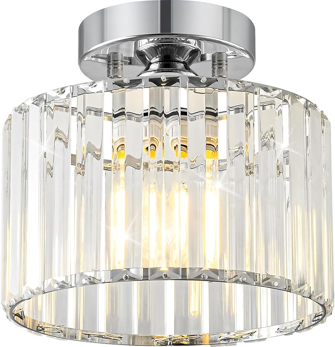Crystal Chrome Semi Flush Mount Ceiling Light Modern Hallway Light Fixture Metal Close to Lamp for Entryway Bathroom (8.66 inch)