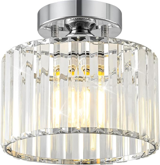 Crystal Chrome Semi Flush Mount Ceiling Light Modern Hallway Light Fixture Metal Close to Lamp for Entryway Bathroom (8.66 inch)