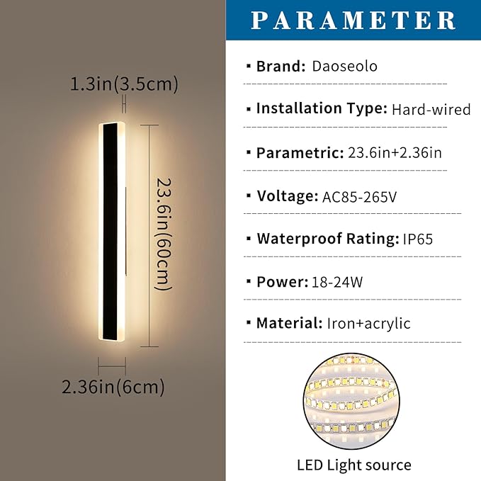 2 Pack Outdoor Porch Light, 23.6inch Modern LED Wall Sconce, IP65 Waterproof Exterior Light Fixture, 3 Color Lights 3000K/4500K/6000K, 24W, Outdoor Lighting for Patio, Yard, Garage