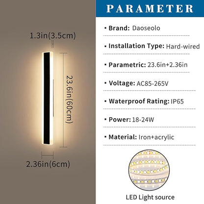 2 Pack Outdoor Porch Light, 23.6inch Modern LED Wall Sconce, IP65 Waterproof Exterior Light Fixture, 3 Color Lights 3000K/4500K/6000K, 24W, Outdoor Lighting for Patio, Yard, Garage
