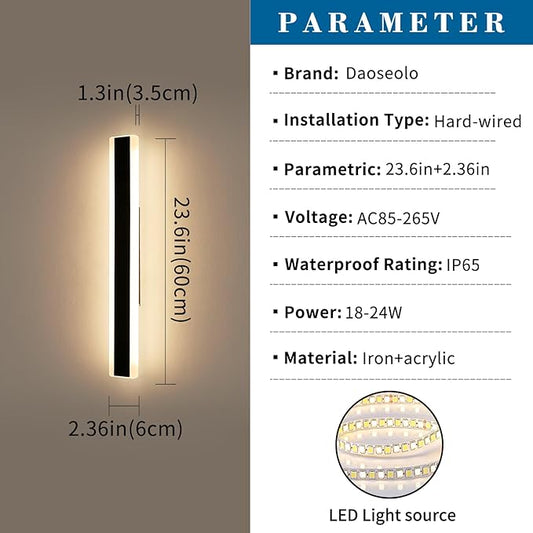 2 Pack 23.6inch Modern Outdoor Wall Light, Black Long LED Wall Sconce, 24W, IP65 Waterproof, 3000K Warm White, Exterior Wall Light Fixture for Porch, Patio, Garage, Yard, House, Garden