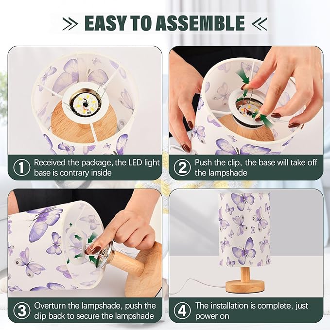 Bedside Lamp Purple Butterflies Table Lamp for Bedroom LED Nightstand Lamp Shade USB Ports Wood Base for Living Room Dorm Office