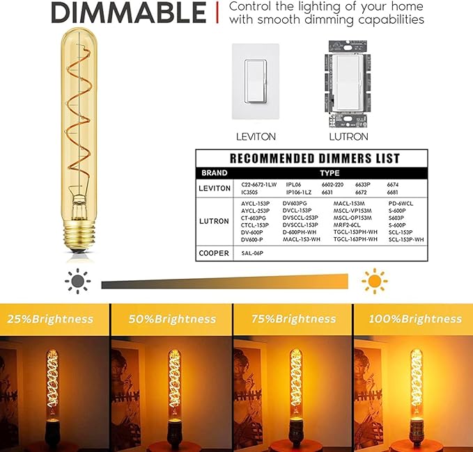 T10 Vintage LED Edison Light Bulbs 60 Watt, 4-Pack Dimmable T30 6W2200K Amber Warm Light Bulbs, E26 Base, 6W LED Equal 60 Watt Incandescent Bulbs,Decorative Antique Spiral Long Bulb,7.3inch