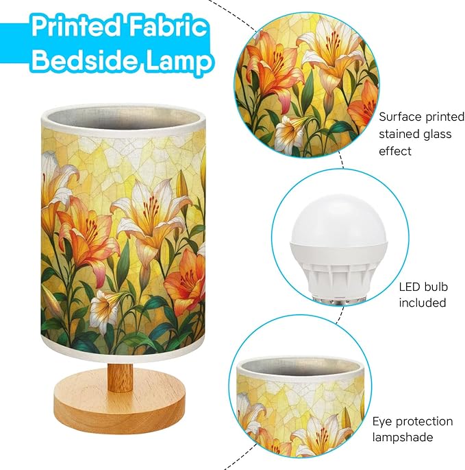 Lily Table Lamp LED 3-Color Pressed Bedside, Lily Shade Lamp with Wood Base for Bedroom Living Room Desk Office