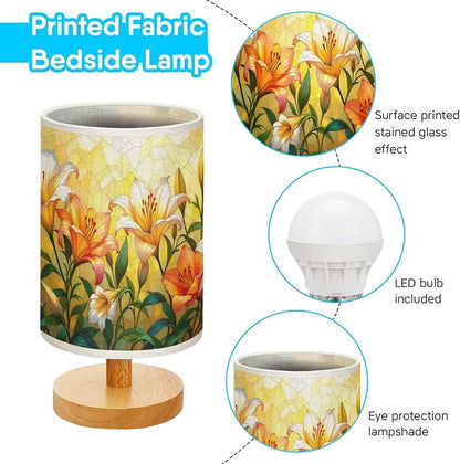 Lily Table Lamp LED 3-Color Pressed Bedside, Lily Shade Lamp with Wood Base for Bedroom Living Room Desk Office