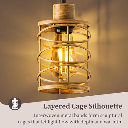 BOBOMOMO 70" Farmhouse Dimmable Floor Lamp, Light Wood Grain Industrial Metal Cage Standing Lamp with 3 LED Bulbs, Stepless Dimming Tall Tree Lamp for Living Room, Bedroom, Studio, Corner