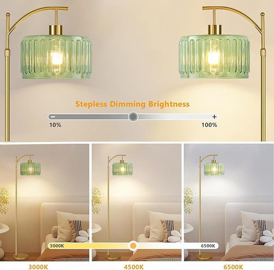 Glass Floor Lamp for Living Room,Bedroom,Gold Mid Century Modern Standing Lamp with Remote,Dimmable Brass Tall Lamp Vintage Retro Green Arc Flower Floor Light Boho Bohemian