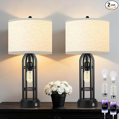 Bedroom Lamps Set of 2, Side Table Lamp, 3-Way Dimmable Touch Lamp, Stepless Dimming, Bedside Lamps with Charging Ports, Black Table Lamps for Living Room(Bulbs Included)