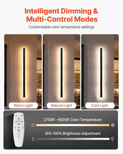 VEVOR Outdoor Wall Lights, 2 Pack, 47.2 Inch Long Strip Modern Exterior Wall Sconce Light Fixtures, 2700K-6000K, IP65 Waterproof Anti-Rust, Dimmable Outside Wall Mount Lighting, for House Porch Garage
