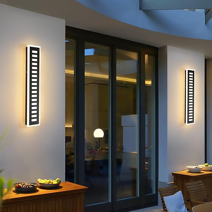 2-Pack Outdoor Wall Light LED 24W 23.6in Long - Black Metal Waterproof Modern Exterior Lighting Fixture,Frosted Acrylic Porch Sconce,for Patio,Garage,Courtyard (3000K-6000K)