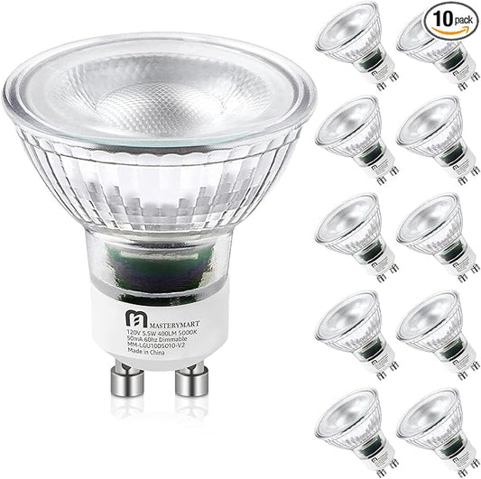 MASTERY MART GU10 LED Light Bulbs Dimmable, 50 Watt Halogen Equivalent 5.5W MR16 Spot, 400lm 40° Beam Angle Flood Light Bulbs 5000K Daylight White, 10 Pack