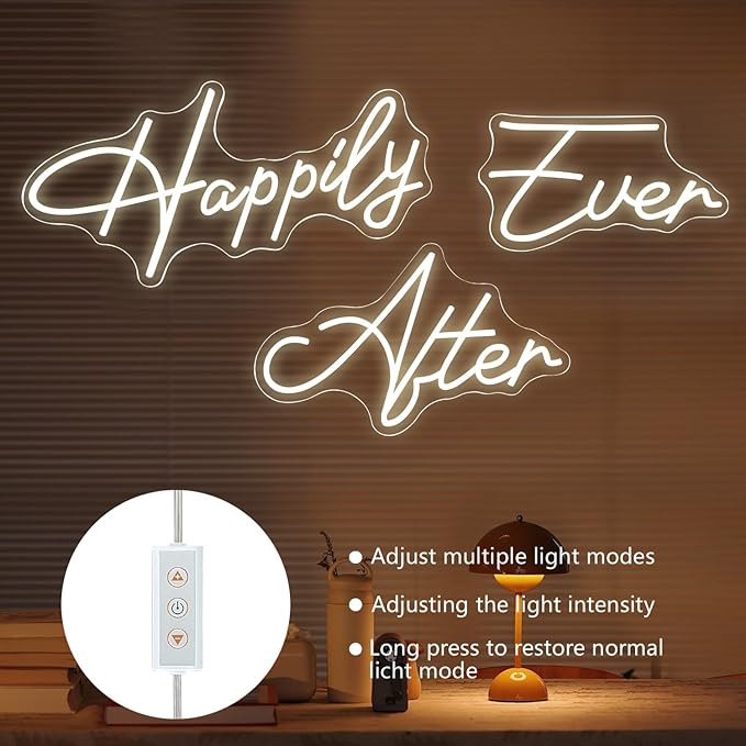Super Large Neon Sign Happily Ever After with Dimmer, Art Decorative Neon Lights for Bedroom, Wedding, Birthday, Home Wall Decor, Bachelorette Party (60.26"X12.52")