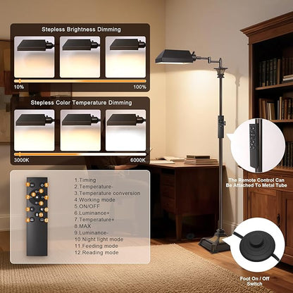 Scenekoy Adjustable Height Smart LED Floor Lamp for Living Room Bedroom, Remote Control Traditional 350º Swing Arm Standing Lamp with Swivel Metal Shade, Decor for Reading House Home Office