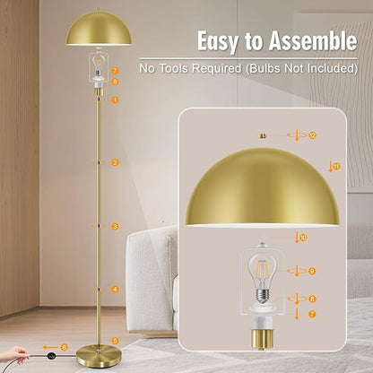 Industrial Floor Lamp, Brass Gold Floor Lamp for Living Room, 66Inch Tall Modern Standing Lamp, Stand Up Lamp with Metal Dome Shade, Mid Century Corner Reading Lamp for Bedroom Office Nursery, NO BULB