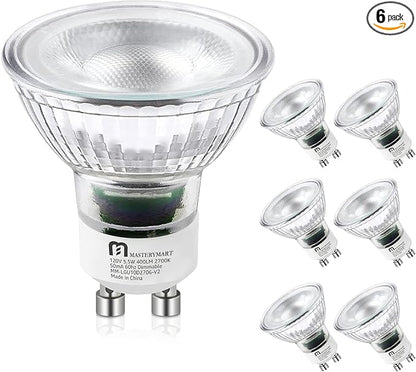 MASTERY MART GU10 LED Spotlight Light Bulbs, 50 Watt Equivalent, 5.5W Dimmable, Full Glass Cover Reflector, 2700K Soft White, 25000 Hours, UL Listed, Energy Star Certified (Pack of 6)