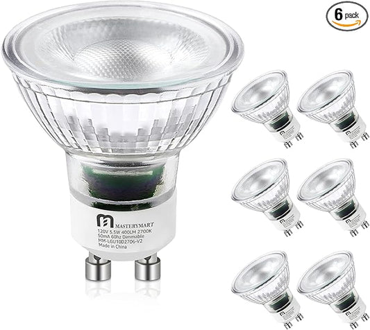 MASTERY MART GU10 LED Spotlight Light Bulbs, 50 Watt Equivalent, 5.5W Dimmable, Full Glass Cover Reflector, 2700K Soft White, 25000 Hours, UL Listed, Energy Star Certified (Pack of 6)