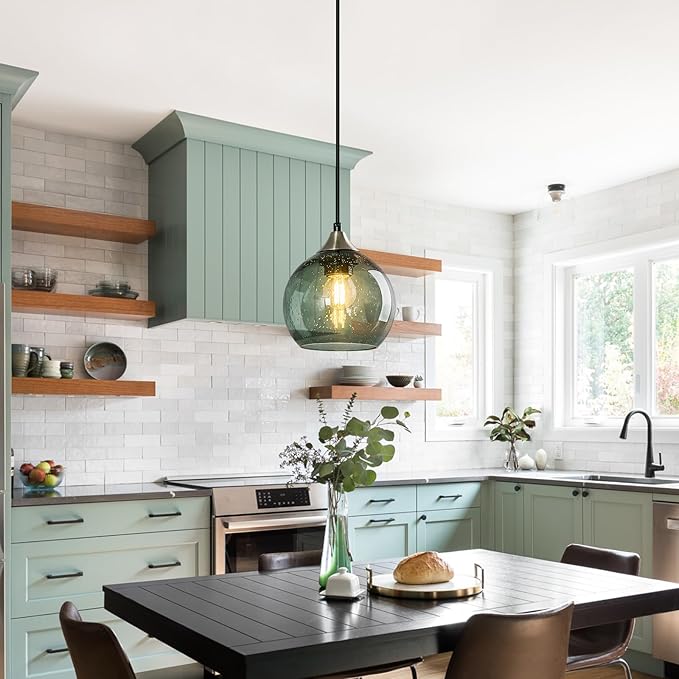Gray Green Glass Pendant Lights Kitchen Island Lighting Globe Pendant Light Fixtures Modern Pendant Lighting for Kitchen Island Bedroom Living Dining Room Light Fixture(5.9in, 1-Pack)