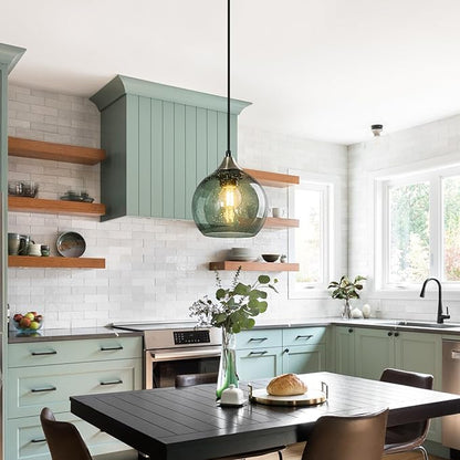 Gray Green Glass Pendant Lights Kitchen Island Lighting Globe Pendant Light Fixtures Modern Pendant Lighting for Kitchen Island Bedroom Living Dining Room Light Fixture(5.9in, 2-Pack)