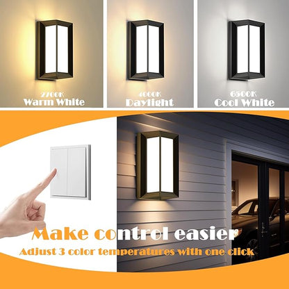 Black Modern Wall Mount Lights, IP65 Aluminum Outdoor Porch Light, 12W 3000K-6000K, 2 Pack Exterior Wall Sconces for House, Backyard, Hallway