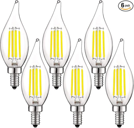 LUXRITE Vintage Candelabra LED Bulb 60W Equivalent, 550 Lumens, 5000K Bright White, Chandelier Light Bulbs 5W, Dimmable, Flame Tip Clear Glass, Filament Candle Bulbs, E12 Base (6 Pack)