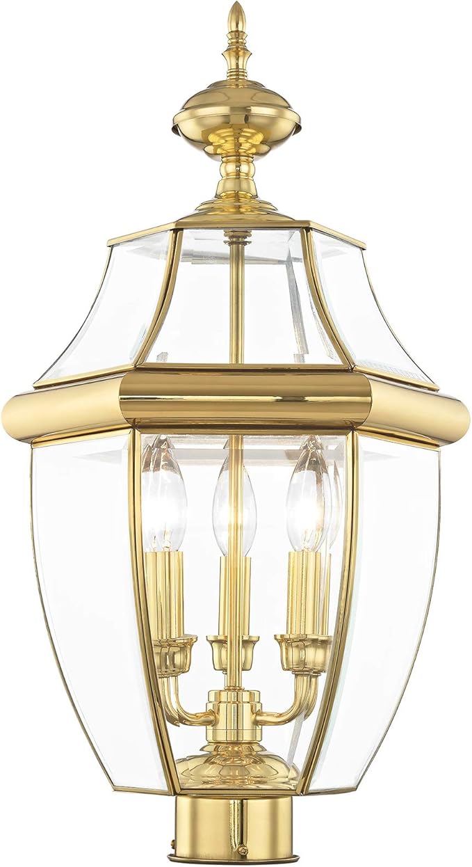 Livex Lighting Lantern 2354-02 Monterey 3 Light Outdoor Polished Brass Finish Solid Brass Post Head with Clear Beveled Glass, 17" x 9" x 11"