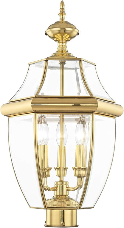Livex Lighting Lantern 2354-02 Monterey 3 Light Outdoor Polished Brass Finish Solid Brass Post Head with Clear Beveled Glass, 17" x 9" x 11"