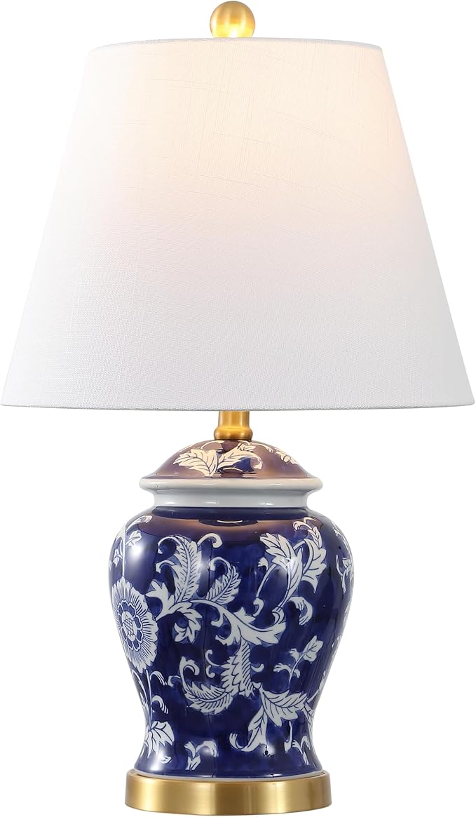 JONATHAN Y JYL3005D 22" French Country Ginger Jar Table Lamp, Navy and White Chinoiserie Ceramic Bedside Lamp for Living Room, Traditional Bedroom Nightstand with White Linen Shade, LED Bulb Included